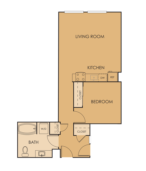 A floor plan of a small apartment with a living room, kitchen, bedroom, and bathroom.